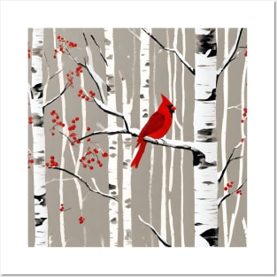 Minimalist Scandinavian Art Winter Birch Tree Red Cardinal Posters and Art